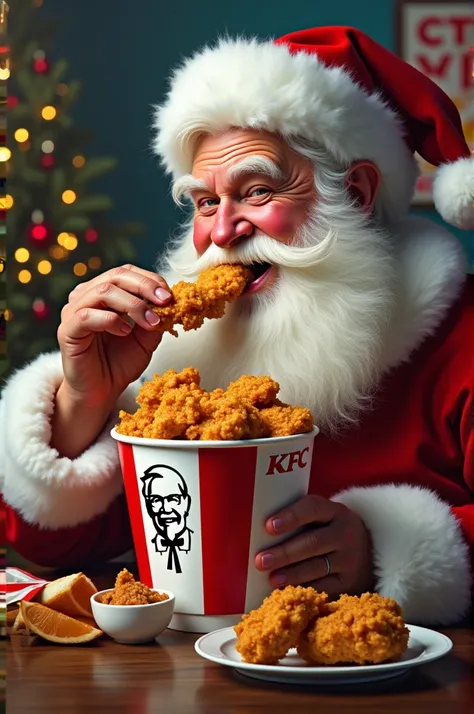 Santa Claus eating chicken KFC very colorful and with many details painted in high definition oil