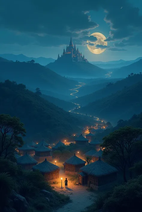 An African village with sprawling hills and a glowing palace in the distance. Nighttime, under a crescent moon.