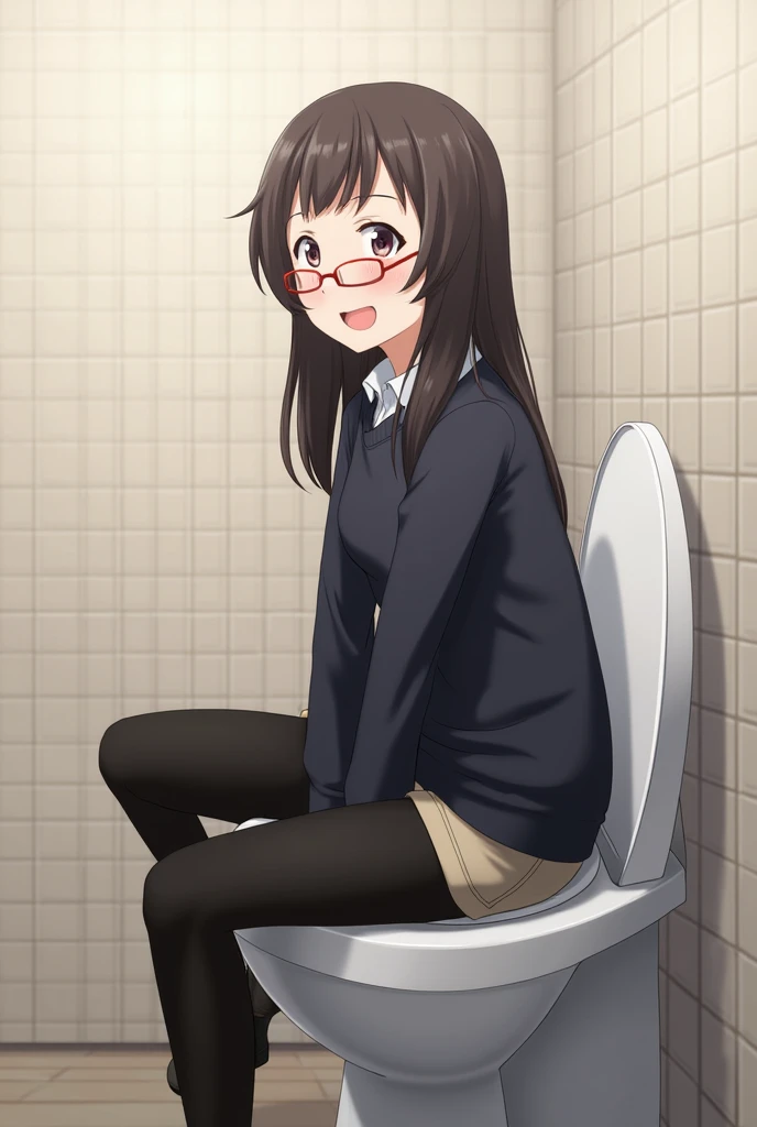 anime, black leggings, glasses,  sit toilet, happy,