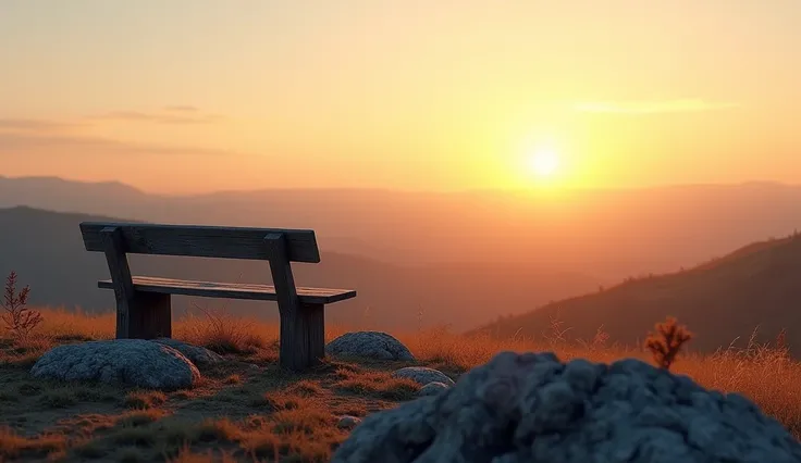 A rocky hill overlooking a vast landscape at sunset. The scene shows soft orange and pink skies above rolling hills and distant valleys. A small wooden bench sits on the hilltop, inviting quiet moments of reflection and solitude in the natural world. Reali...