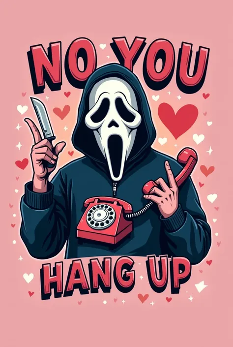 Im looking for a creative graphic designer to create a humorous design for a pink t-shirt.
pink t-shirt featuring a humorous design with a parody of the Ghostface character from the Scream movie series. The character is depicted holding a classic rotary ph...