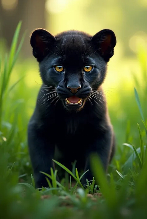 The scene portrays an aggressive black panther cub standing upright in tall green grass. Facing directly forward, the cub exudes a fierce and commanding presence. Its sleek, dark fur is slightly bristled, adding to its wild and untamed appearance. The cub’...