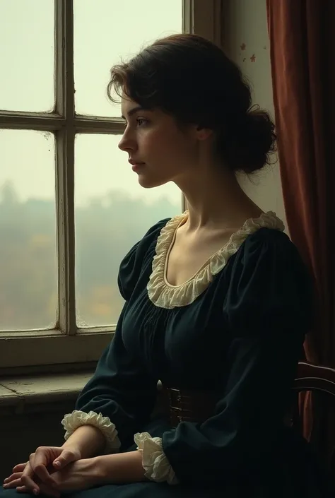  Emma Bovary sits by the window,  looking into the distance ,  with an expression of sadness on her face . ( By Gustave Flaubert  "Madame Bovary ")