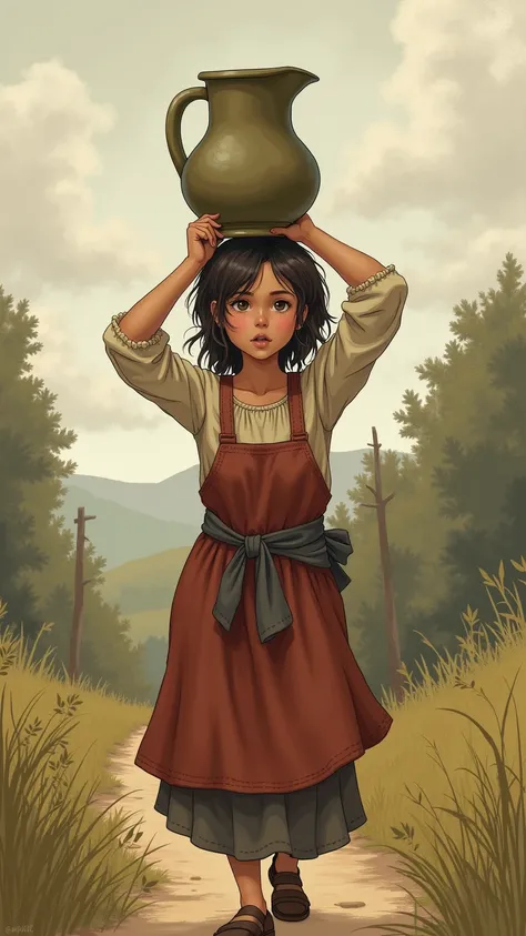 "Young peasant woman walking distractedly, pitcher staggering in her head, illustration style of classic tales."