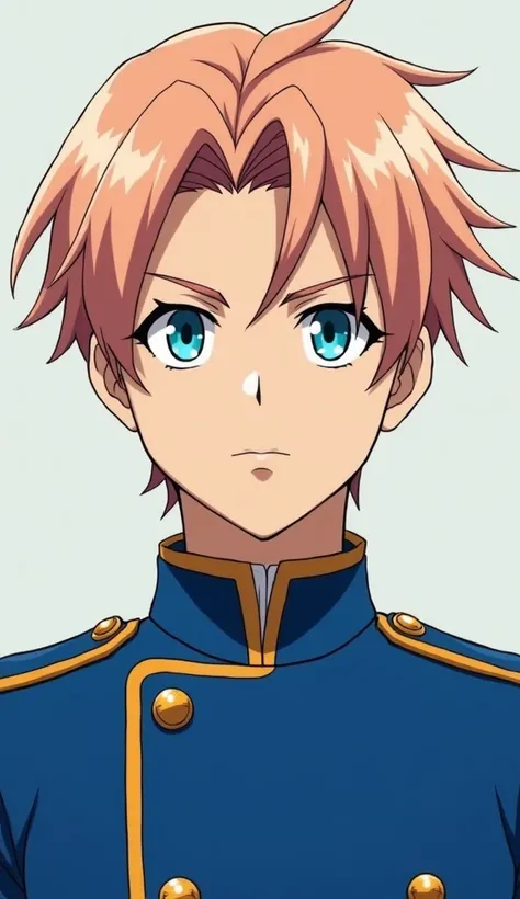 A handsome ANIME GUY with Peach hair and cyan eyes wearing a Royal blue colored uniform.