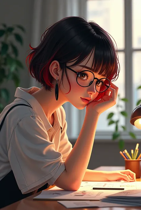  short haired girl ,brown color with red highlights, round glasses, medium brown skin , long black earrings on the right ear, dark brown eyes, studying graphic design 