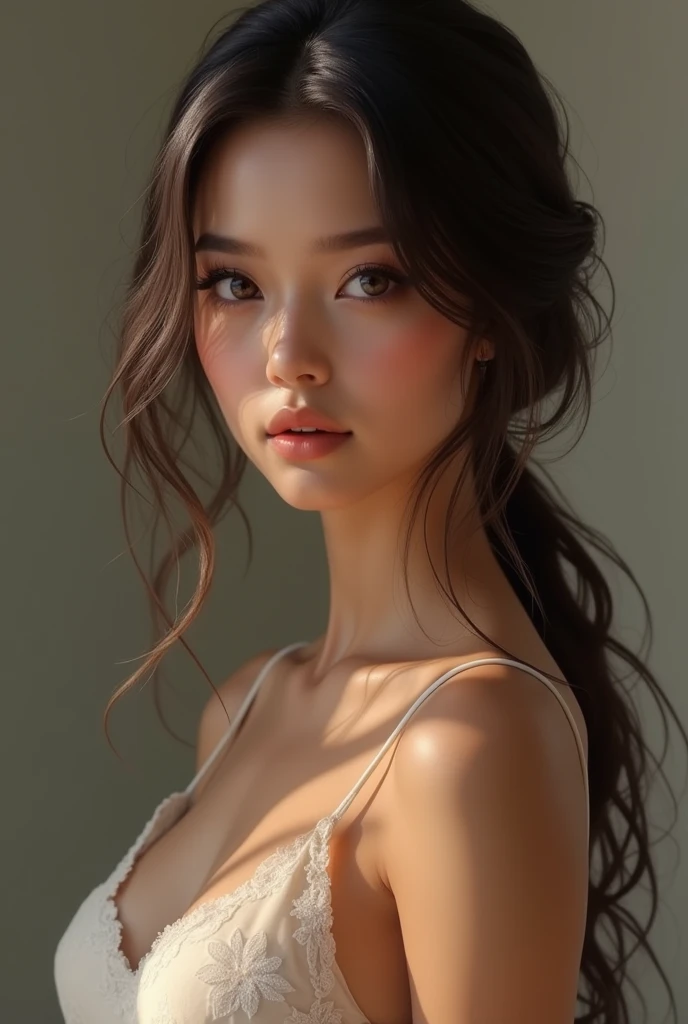 Pretty young woman lightly dressed with beautiful parts and lots of neckline