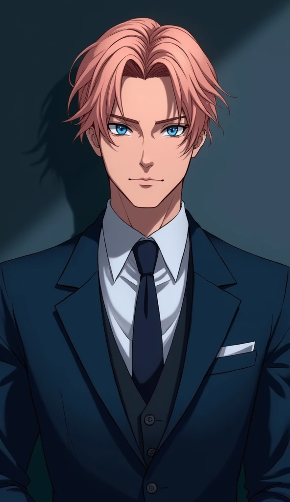 A handsome mature ANIME GUY with Peach hair and Sky Blue eyes wearing a Dark bkue colored suit.