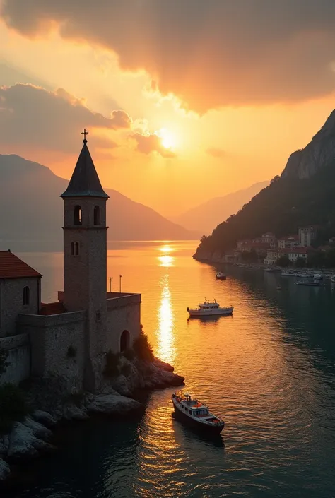  A breathtaking view of the Bay of Kotor at sunset .  In the foreground an old church tower and fishing boats , Which gently swing on the waves ,  while the golden rays of the sun bathe the landscape in a magical light.

