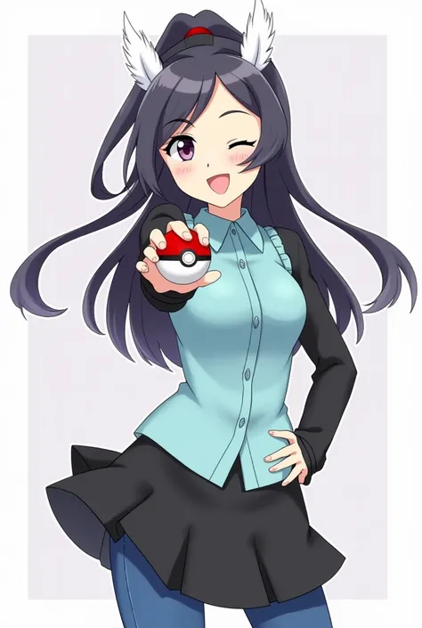 Taki Hinamura her pose could be having one of her hands on her hips, and the
other hand holding a Pokéball toward the front of the "camera", with a wink and smile on
her face outfit Two white feathers sticking in her hair, Light-blue shirt with long, black...