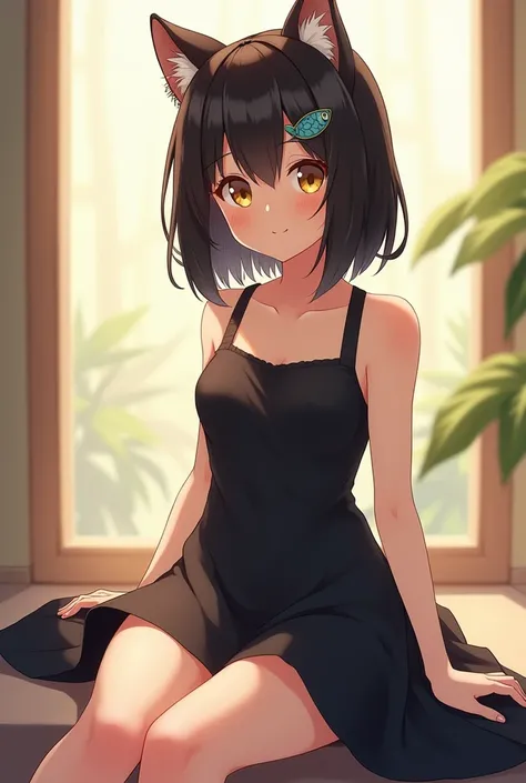 8k high quality Anime girl , casual style, sitting , short black hair with with fish hair clip , Left bangs, black dress, fan art drawing style, (with yellow eyes and cat ears)