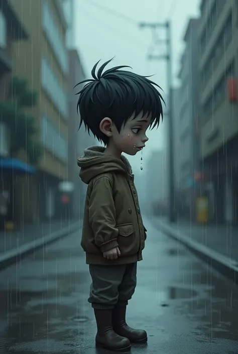 Boy in the rain crying 