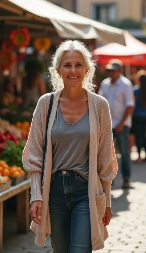 A 36-year-old woman walking through an open-air market, dressed in a modest cardigan.