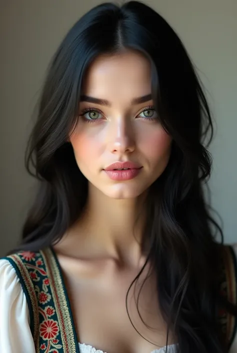 A beautiful girl with long black hair, her face is square and white, her eyes are wide, her lips are medium pink and she wears traditional Romanian clothes