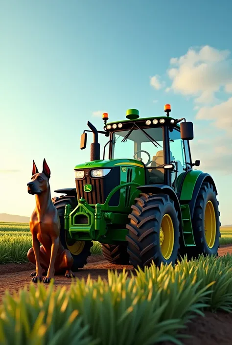 John Deer tractor with brown Doberman