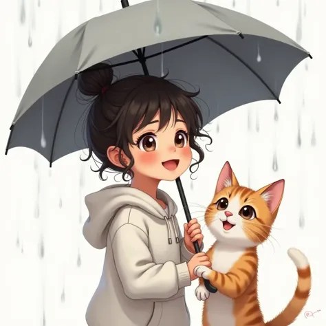 Closeup image of a young girl holding a gray umbrella. The girl has dark curly hair tied up in a bun and is wearing a white hoodie. She is looking up with a smiling expression on her face. The cat is looking directly at the viewer with its ears perked up a...