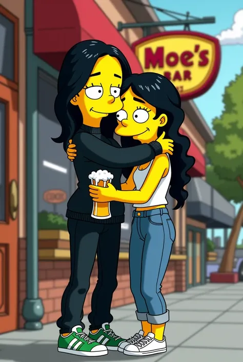 
Two women hugging each other like the Simpsons on their sides yellow skin like the Simpsons both very pretty women outside the Moes bar where you can see behind the bar and the bar sign, by day.  A woman of medium height with a thin build with a mole on h...