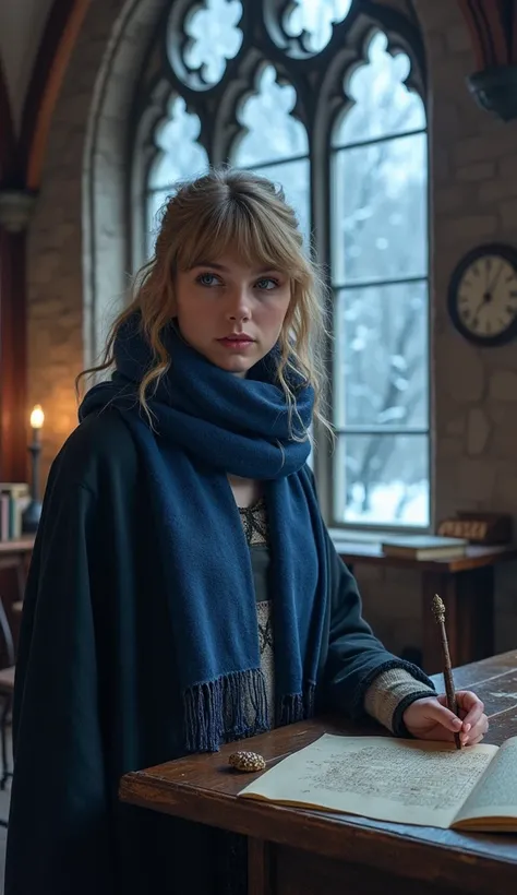 A stunningly realistic image of singer Taylor Swift as a Ravenclaw student, wearing a blue-silver scarf and holding an elegant wand. She is in the Ravenclaw common room, with tall arched windows overlooking the night sky. Books, parchment, and magical arti...