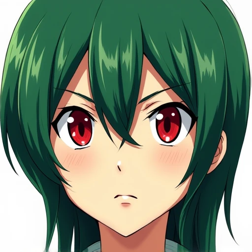 green-haired character ,  serious eyes and red iris,  anime style white background .