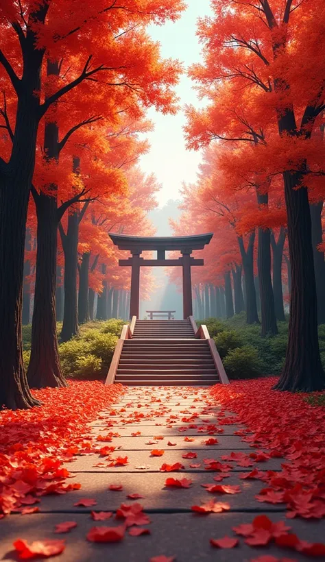  beautiful scenery of autumn leaves 、 bright red leaves cover the ground 、 with stairs leading to the back 。Trees on both sides 々Lined up、 The colored leaves cover the whole 。 There is a wooden gate in the distance 、 You can feel the atmosphere of a tradit...