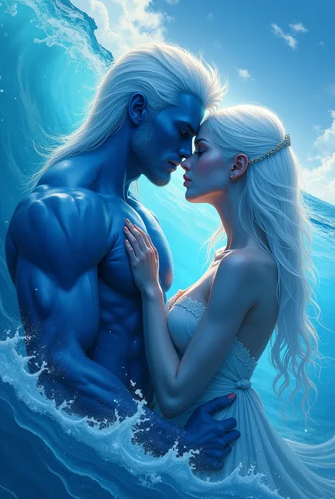  Book cover,  For a fantasy romance book in a fantasy country built on water in the middle of the sea.  About a hypermuscular blue-skinned man and a blue-skinned woman ,white hair and light blue eyes  .