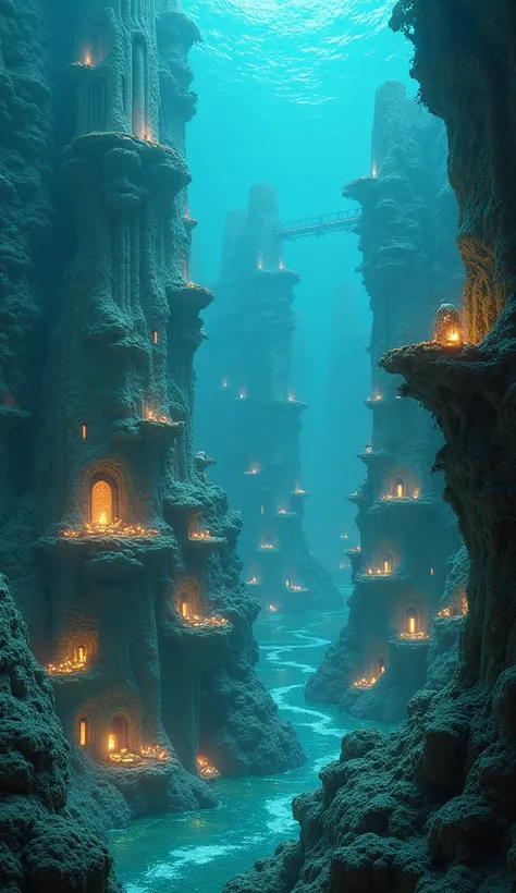 an ocean full of human coral city structures illuminated with bioluminescence