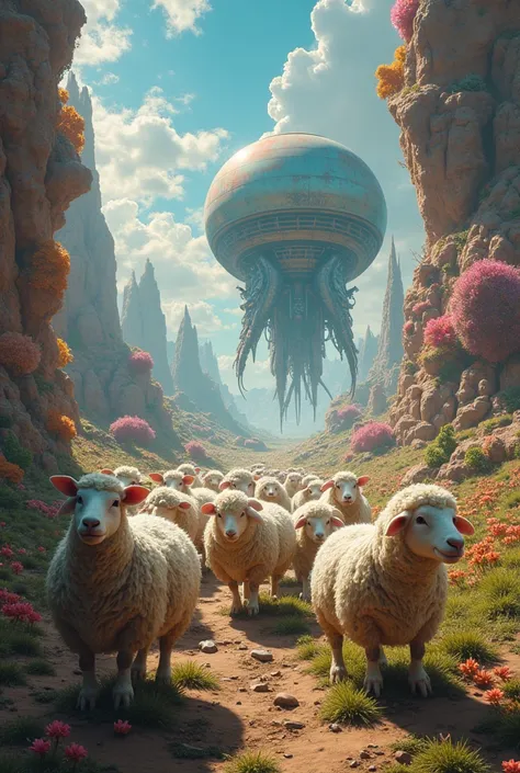 sheep versus aliens, fantasy landscape,colorful surreal environment,cinematic dramatic lighting,vibrant colors,high detail,intricate details,cinematic composition,digital art,illustration,matte painting style,concept art,epic scale,masterpiece, cartoon, ga...