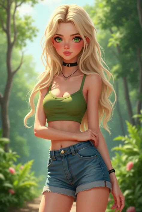 Russian fairly thin green-eyed blonde teenager in a mini skirt, in a top with a choker, with freckles similar to Alice from 3 Bogatyrs in full growth