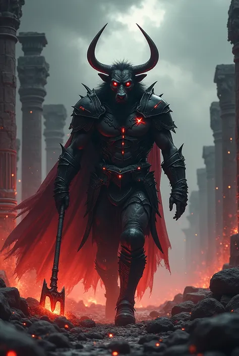  Under a charged and stormy sky ,  and the axe From a battle that charges shines with a sinister red light ,  each step echoing like thunder .  Their bulls head ,  with curved horns stained with dried blood ,  and their bright red eyes exude supernatural f...