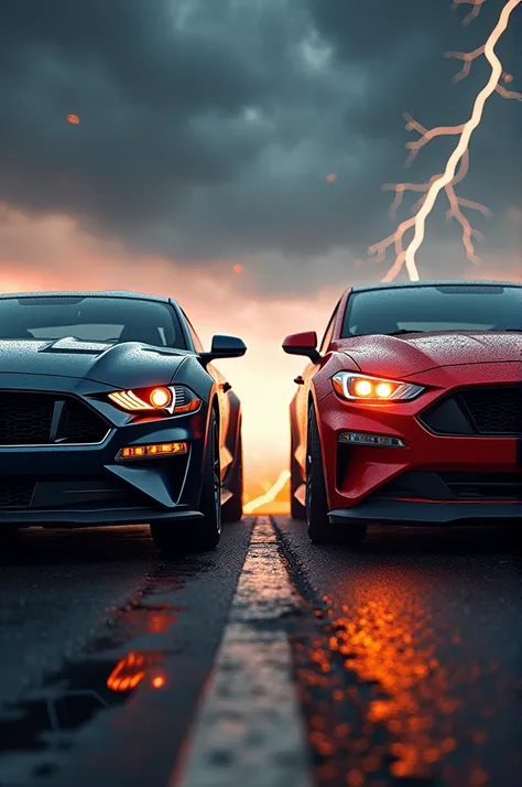 "Create a fierce scene featuring a [Mustang GT] and a [Toyota Corolla] positioned together, both in an angry mode, facing each other with intense rivalry. The Mustang GT should appear powerful and aggressive, with sharp, muscular lines, a roaring front gri...