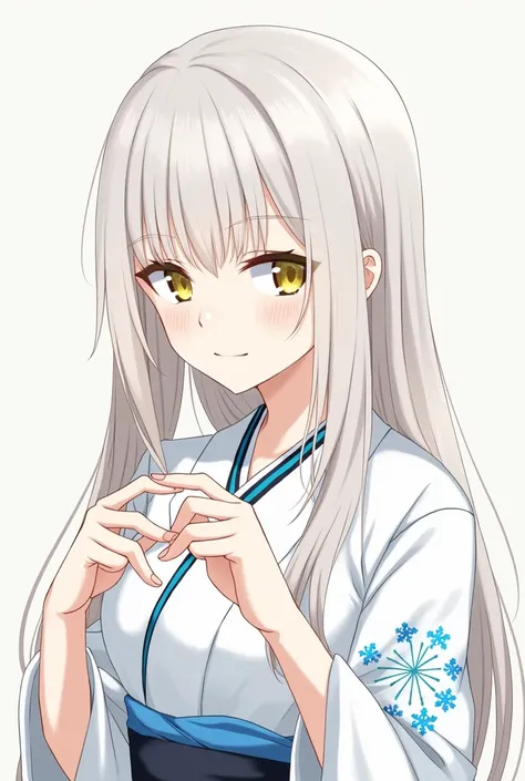 masterpiece,best quality,very detailed,Ultra High Definition,anime,1female,white skin,shiny skin,white hair,blonde hair,long hair,bangs,straight hair,slender, yellow eyes,snake_pupils,uneasy smile, Small Nose,Character portrait,  White Kimono,blue_snowflak...