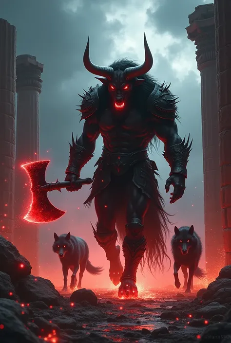  Under a charged and stormy sky ,  and the axe From a battle that charges shines with a sinister red light ,  each step echoing like thunder .  Their bulls head ,  with curved horns stained with dried blood ,  and their bright red eyes exude supernatural f...