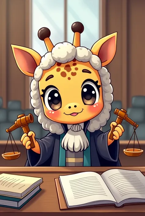 Chibi cartoon
Giraffe Scout
Put on a judges suit
Left hand holds toy hammer
White hand holding scales
Sitting on a desk
In court
Japanese Anime Picture Style