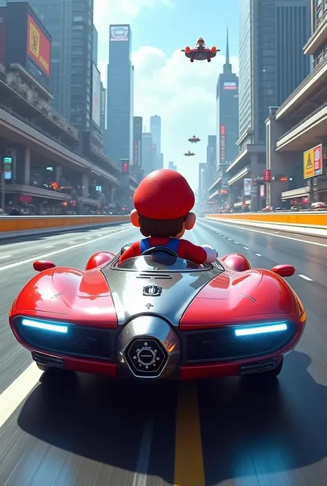 One Mario bros driving a futuristic car in futuristic highway in ee uu