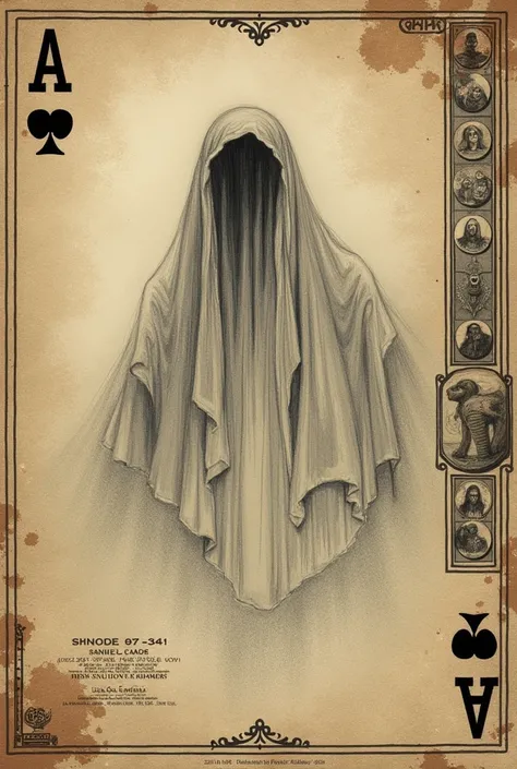 Board gamess card that be old paper have ghost picture drawing by pencil in middle tokenss picture on the right and ghost information below