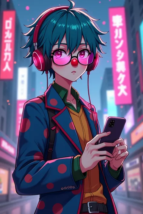 Anime-style image of a teenage man disguised as a clown who has glasses and a cellphone and headphones (that is technological)