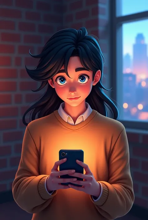 Handsome boy with long hair and blue eyes wearing brown sweater being reflected by the glare of his cell phone screen perched on a brick wall with a window overlooking the city ( animated)