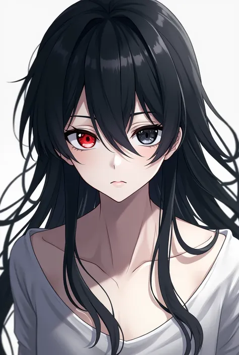 anime,  smooth-haired young man , long and black  , shirtless, defined,  a red eye and a black eye, white skin