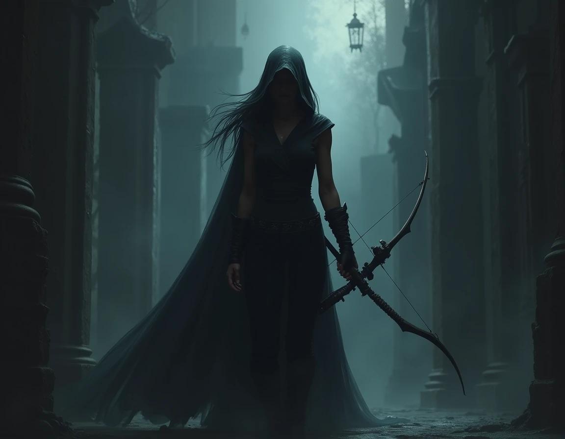  Lyra the killer . A living shadow ,  as comfortable in the dark as we . His steps are light, almost inaudible,  and her gaze is that of someone who is used to killing without remorse and uses bows and daggers as weapons.