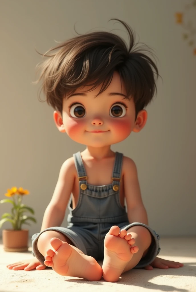 boy relaxing, shy smile, blush, 5, shirtless, feet, overalls