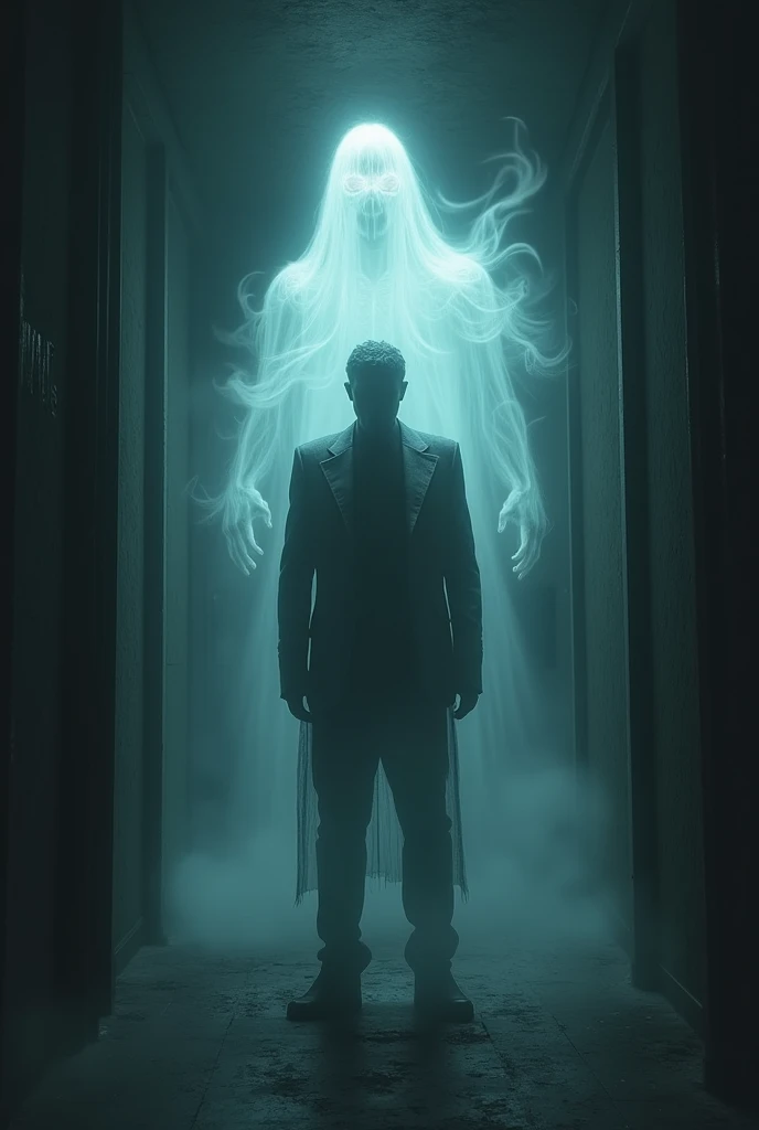 A man is standing in a dark corridor, ghosts are flying in the background.