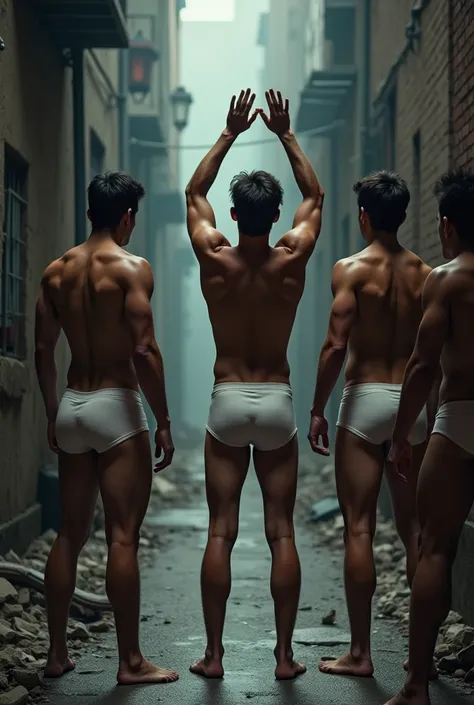 Three young guys are are standing in an alley. They are all wearing white Tanga briefs. Their hands are on their head. Stood nearby is a guy with a gun. 