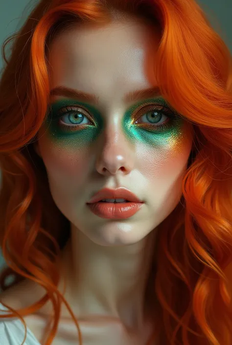 Red-haired woman with capped eyelid galaxy makeup green colors, orange