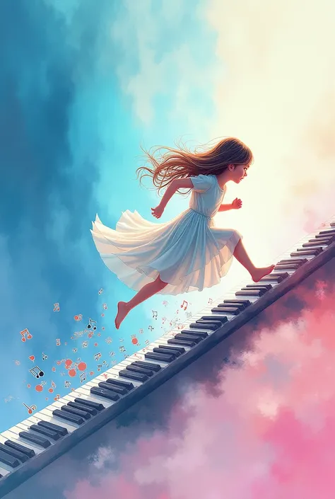  Draw a girl running on the piano  . She runs up  ,  and the keys are also located diogonally below  .  When she runs, notes fly from under her feet  .  Her dress is long and her hair is long and her hair is unraveling  .  Sazdi can finish the landscape in...