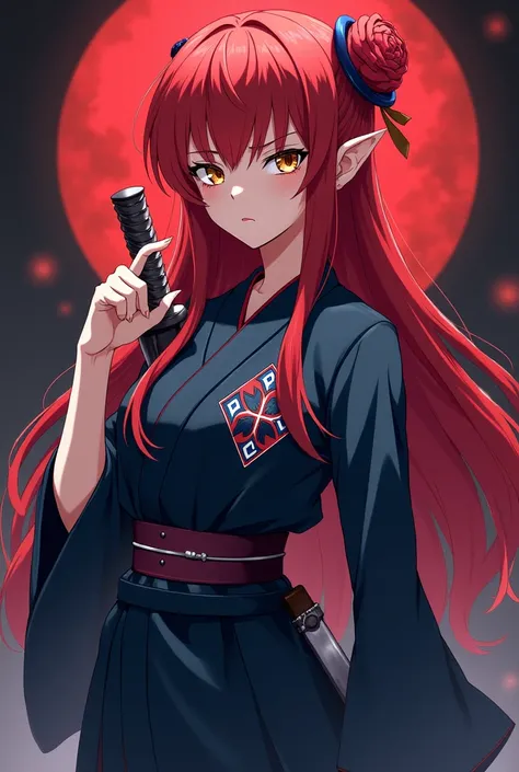 
Ao no exorcist style ; jeune  fille , long cheveux rouges , regard doré , oreille taille normale mais un petit peu pointue , regard autoritaire , kimono professionnel , katana , ongle pointue , maquillage , badge dexorciste du croix vraie ( rouge bleu. ) ...