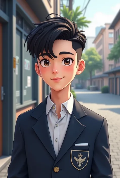 , a handsome man in a school uniform, blonde, handsome, mixed between Asian and Western, a virtual cheeky face. His appearance is similar to that of Matthias von herhardt from Manhwa on Cry or Better yet Beg, low taper fade hairstyle + two block haircut lo...