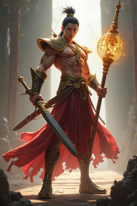 The Thai-born hero of victory, with his right hand holding a sword, his left wrist adorned with a cage-like, his left hand holding a magic baton and drawing figures, wearing horseshoe shoes.