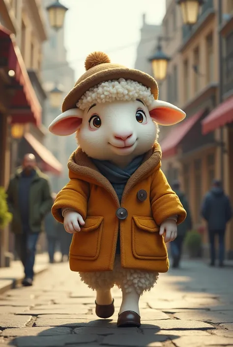 A sheep in a coat with hat walking on the street 