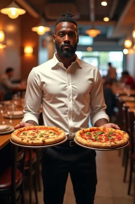 Deux grandes pizza tenues par un serviteur de teint noir au resto