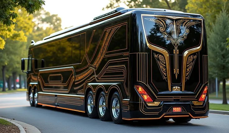 Ek luxury heavy-duty  Kenworth T2000 Motorhome jo glossy black aur metallic gold combination mein ho. Motorhome par intricate aur stylish patterns bane hon aur modern, sleek design ka feel ho. Motorhome ke back view par powerful chrome detailing ho aur bac...